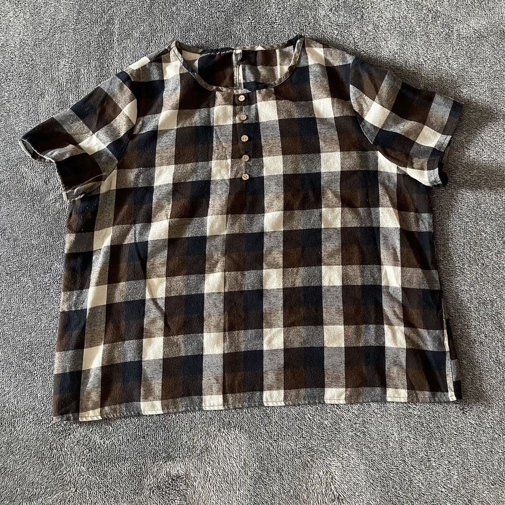 Emery Rose Women's Size 1X Brown And White Plaid Short Sleeve Tee Blouse Plus